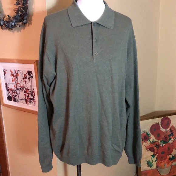 Vtg ALLEN SCULLY Size XL Mens 2-Ply Cashmere 3-BtnNeck Polo Sweaters Olive Green - Picture 2 of 12